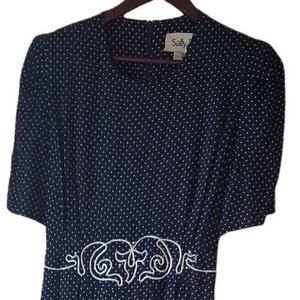 VTG SALLY II Dress Black Polka Dot 16 Fit & Flare Short Sleeve Secretary Modest